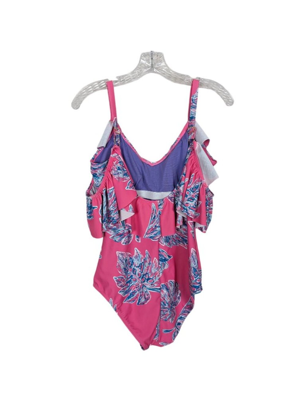 Nicole Miller One piece Leaves print pink blue cold shoulder ruffled Swimsuit S - Picture 10 of 13